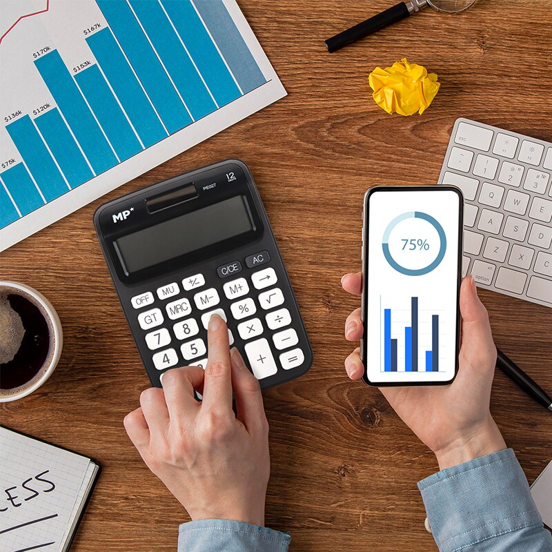 MP® Calculadora 12 Dígitos con Pantalla LCD Fuente Energía Solar Portátil Oficina Escritorio Estudiantes Escuela Batería Suministros Material Escolar TrabajoBotón Matemáticas Herramienta Digital Papelería 4 Colores