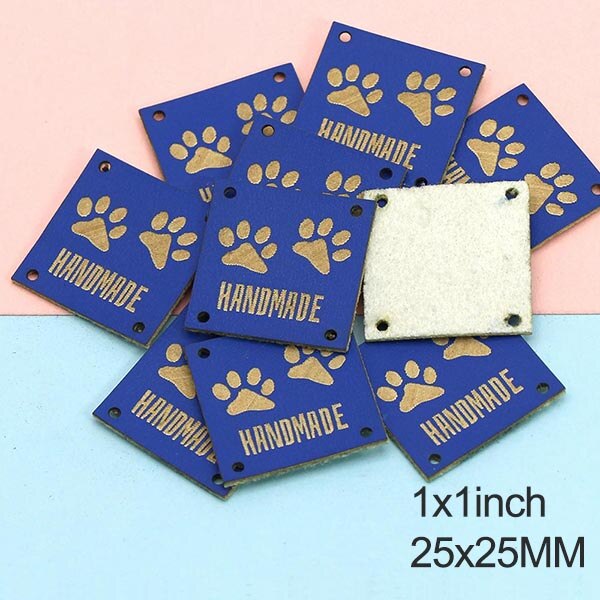 Etiquetas de cuero con huellas de animales, etiquetas hechas a mano para ropa, perro, gato, oso, pata, etiqueta hecha a mano para coser sombreros DIY, 20 piezas, 25x25mm: Blue