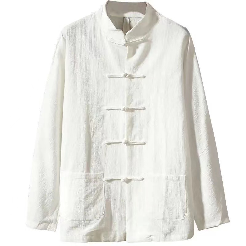 XXXXXL-Blusa holgada de algodón y lino para hombre, camisa de manga larga sin cuello, con botones de rana, talla grande, M-5XL de gran tamaño