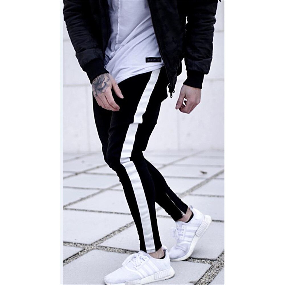 Men denim ripped hole Jeans side striped line Jeans Hip hop Skinny pencil Jeans For Men stretch ankle zipper black jeans