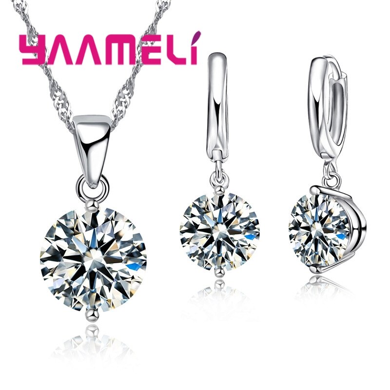 925 Sterling Zilveren Sieraden Set Met Shining Ronde Cz Cubic Zirkoon Stenen Hanger Ketting Oorbellen Sets