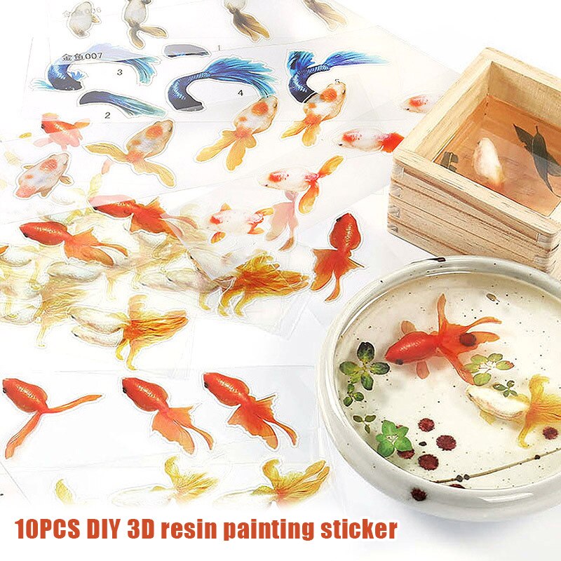 Pinturas de resina 3D para manualidades, pegatinas de pequeños peces dorados para artesanía de resina epoxi JS22, 10 Uds.
