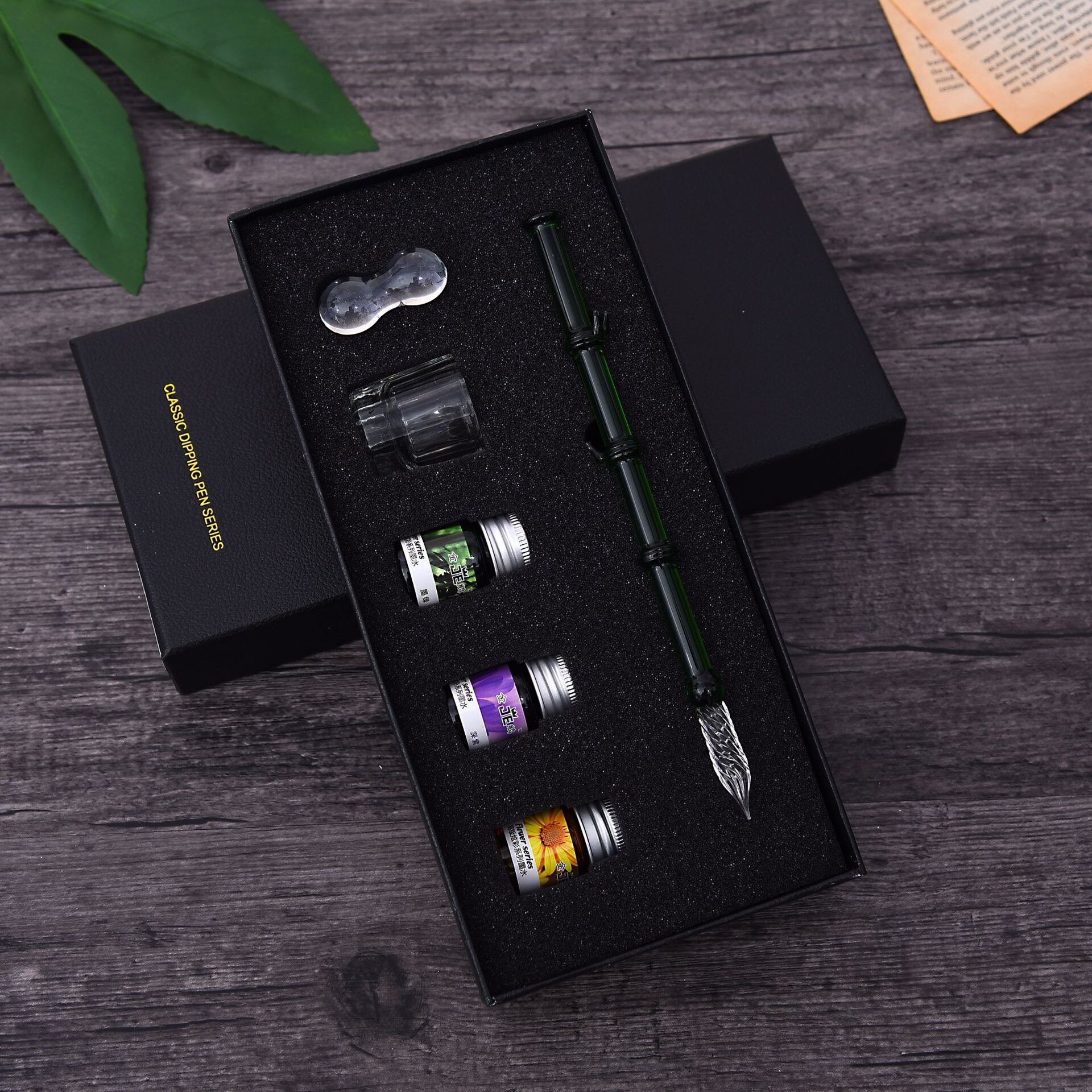 Glass Dip Pen And Ink Set Handmade Dip Pencils Box Glass Dip Pens And Blue Bamboo Style Pens: Green