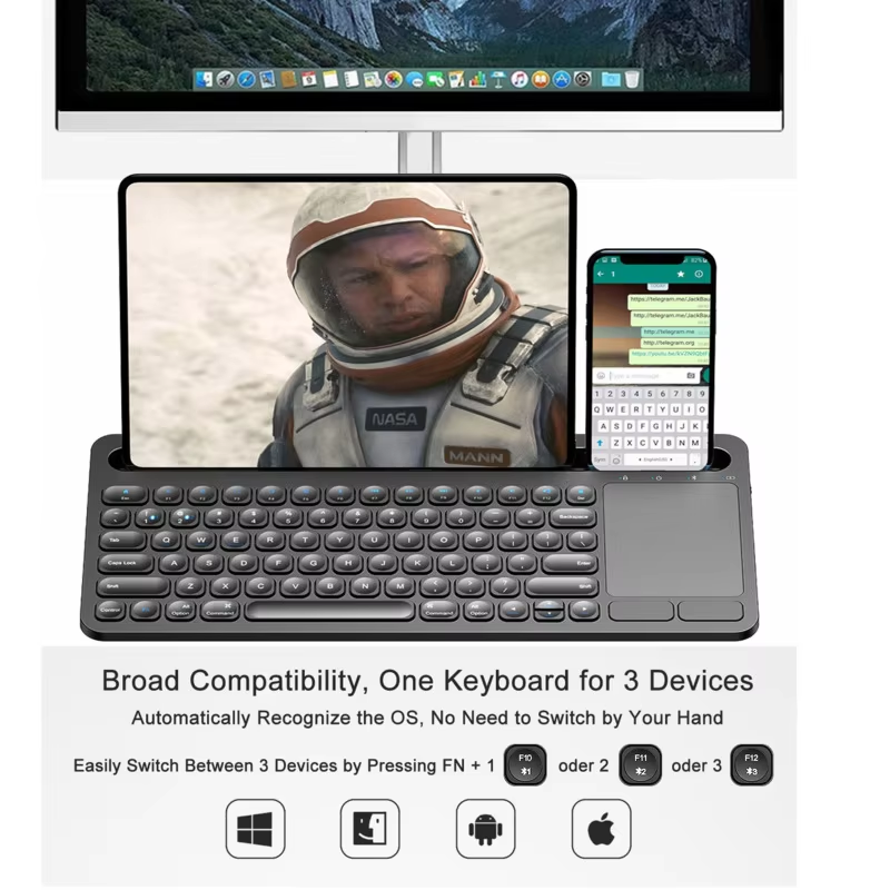 Bluetooth-Tastatur mit Touchpad, Bluetooth 5.0-Tastatur für mehrere Geräte, kabellose iPad-Tastatur mit Touchpad, wiederaufladbar