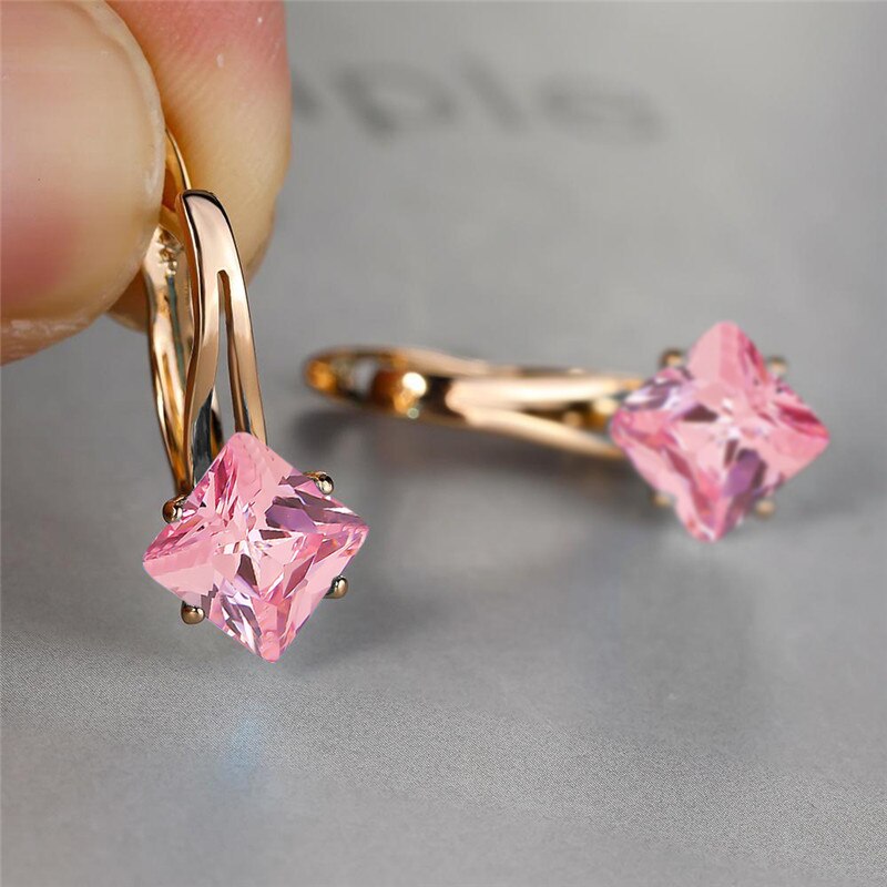 Brincos de casamento de cor de ouro rosa antigo arco-íris zircão quadrado brincos de pedra moda multicolorido cristal hoop brincos para mulher: Pink