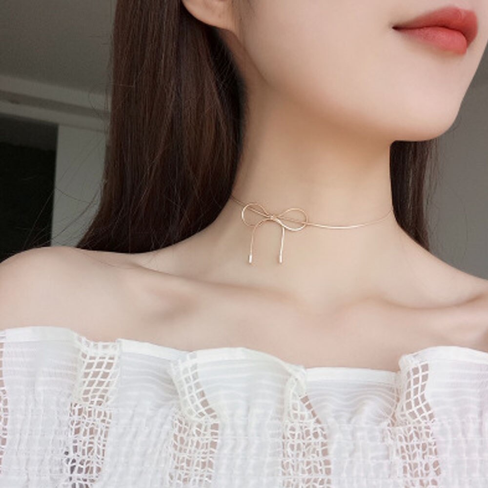 Mode Eenvoudige Goud Zilver Kleur Boog-knoop Korte Choker Vrouwelijke Charme Sleutelbeen Kettingen Kraag Choker Ketting Partij Sieraden Bijoux