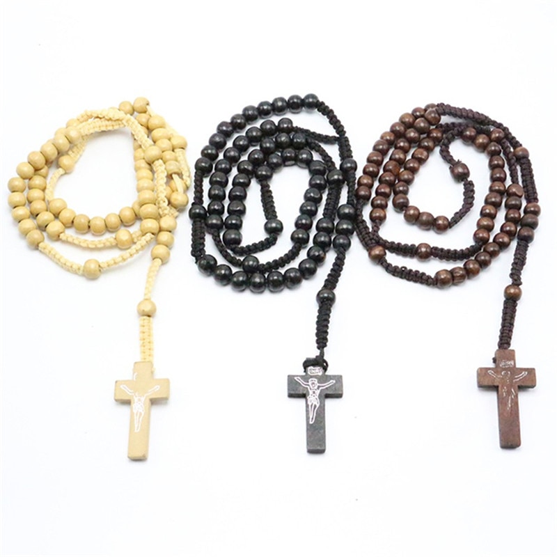 Cross vintage style herretøj kvinders katolske christ wood rosary perler cross vedhæng halskæde 4 farver til