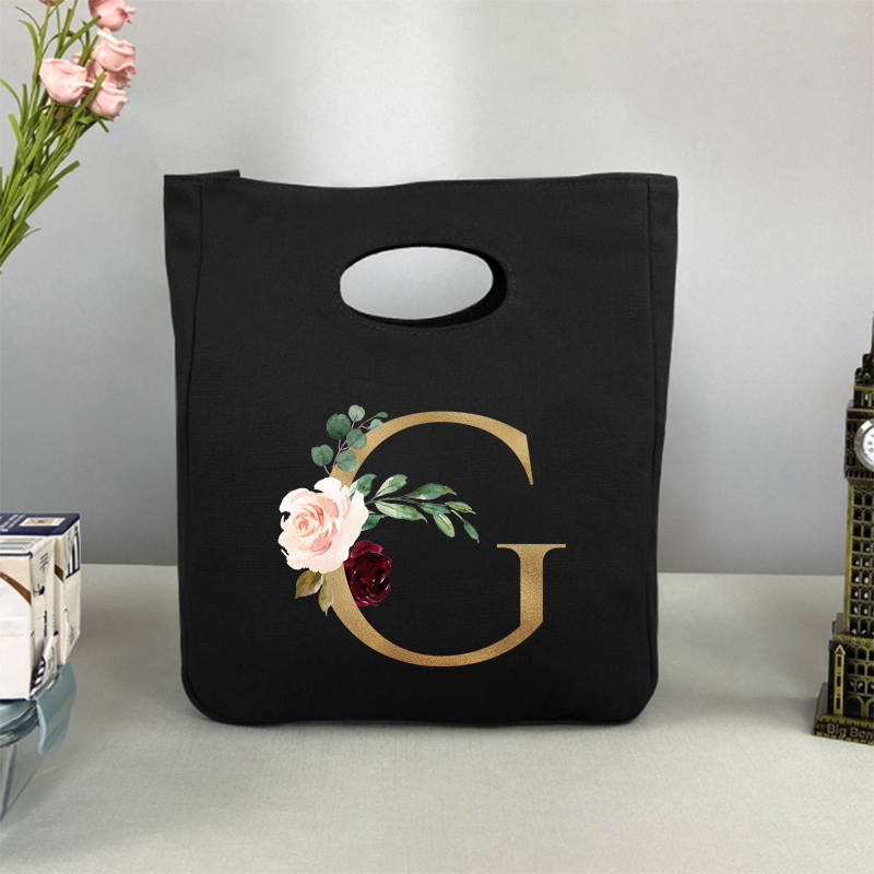 Gold Letter Canvas Neutral Refrigerated Rice Bag Portable Insulation Lunch Box Tote Bag Insulation Food Picnic Storage Bag: 9GolddG