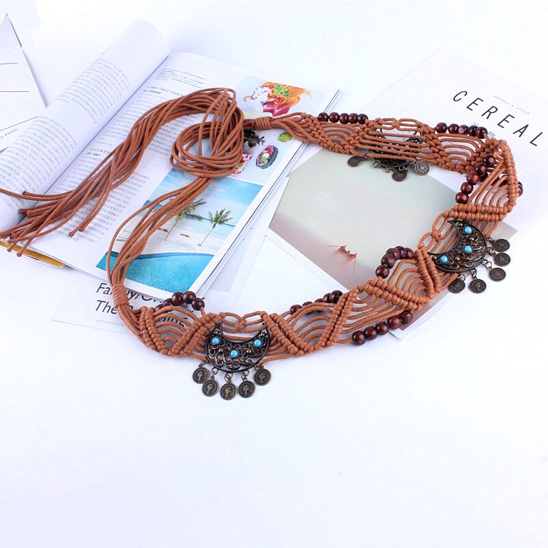Jahrgang taille gürtel frauen verziert quaste geflochten Bohèmich Band mit seil für kleider knoten weibliche damen ceinture femme kette
