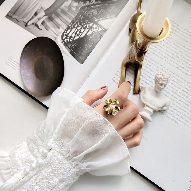 ANENJERY Dainty Jewelry Gold Color Flower Pearl Opening Ring For Women Party Jewelry S-R804