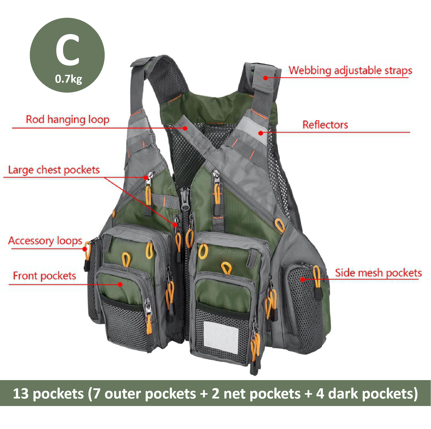 Breathable Fishing Vest Outdoor Sports Fly Swimming Adjustable Mutil-Pocket Packs Fishing Tackle Accessories Men Ladies: C