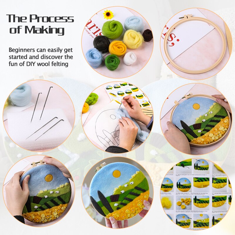 LMDZ 1 Set Landscape Painting Handmade DIY Wool Felting Material with Embroidery Frame Wool Fiber and Instructions