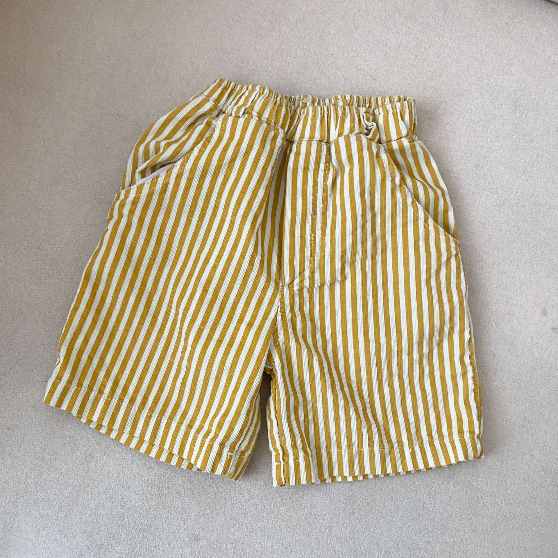 2022 Summer Kids Clothes Stripe Girls Shorts Corduroy Elastic Boys Pants Korean Children Shorts: yellow / 2T