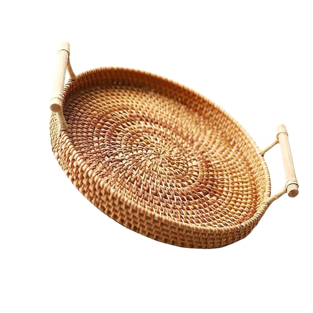 1PC Rattan Woven Basket Practical Picnic Ratten Tray Outdoor Storage Basket Portable Picnic Basket (Medium, Diameter 28x3.5cm)