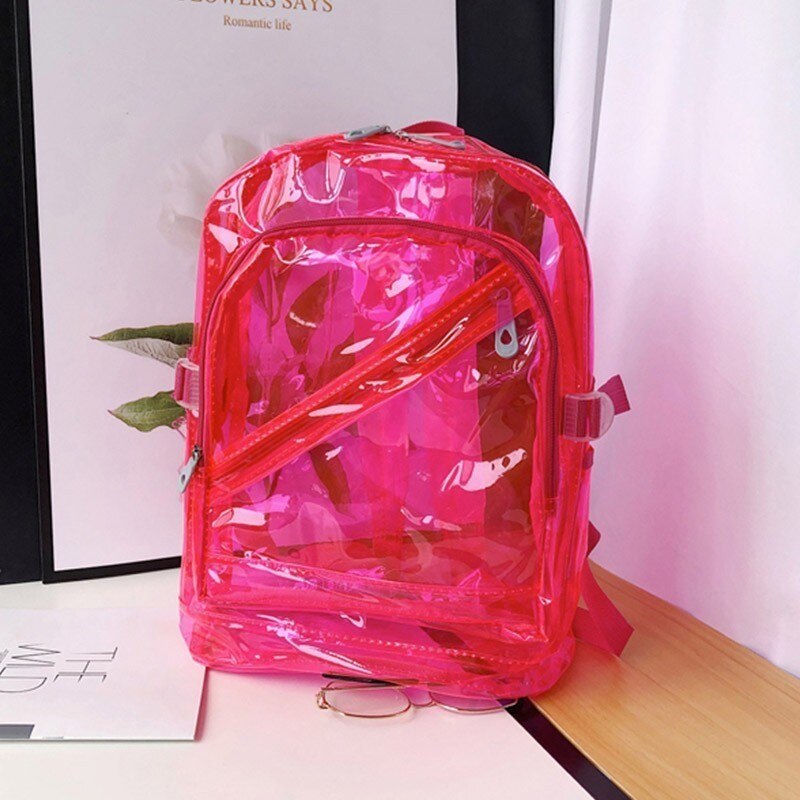 TTOU sac à dos étanche Transparent en plastique Transparent pour les adolescentes PVC sacs d'école épaules sac bonbons couleur fermeture éclair sac à dos: Rouge