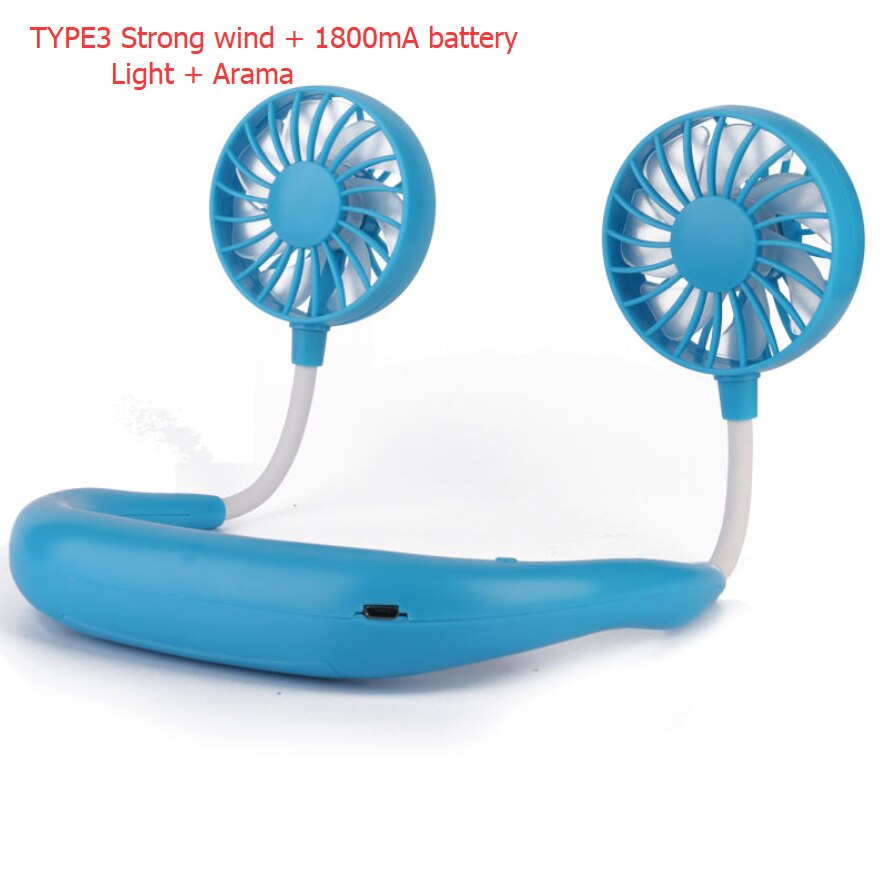 Mini USB Portable Fan Neck Fan Neckband With Rechargeable Battery Small Desk Fans handheld Air Cooler Light and Arama: Type3 Blue