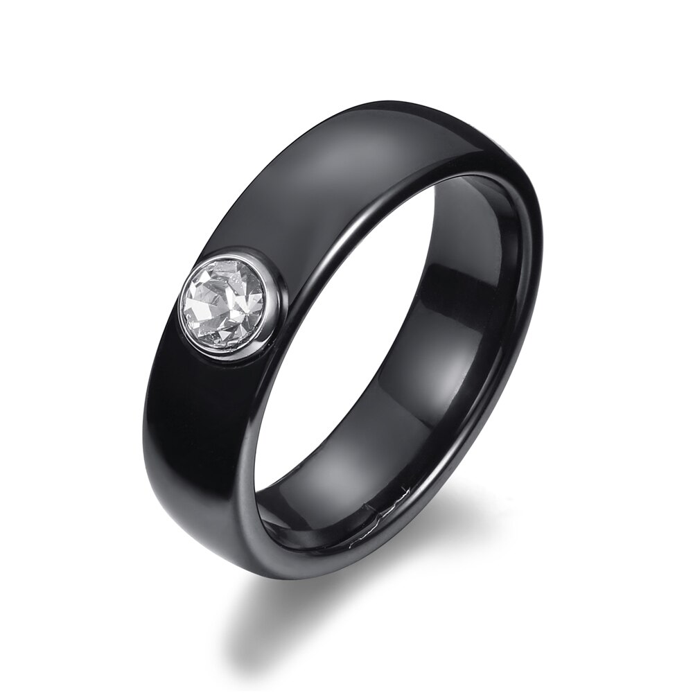 Black&White Ceramic Rings For Women 6mm Round Wide Smooth Female Rings Big Crystal Cubic Zircon Wedding Engagement Rings: 8 / Black