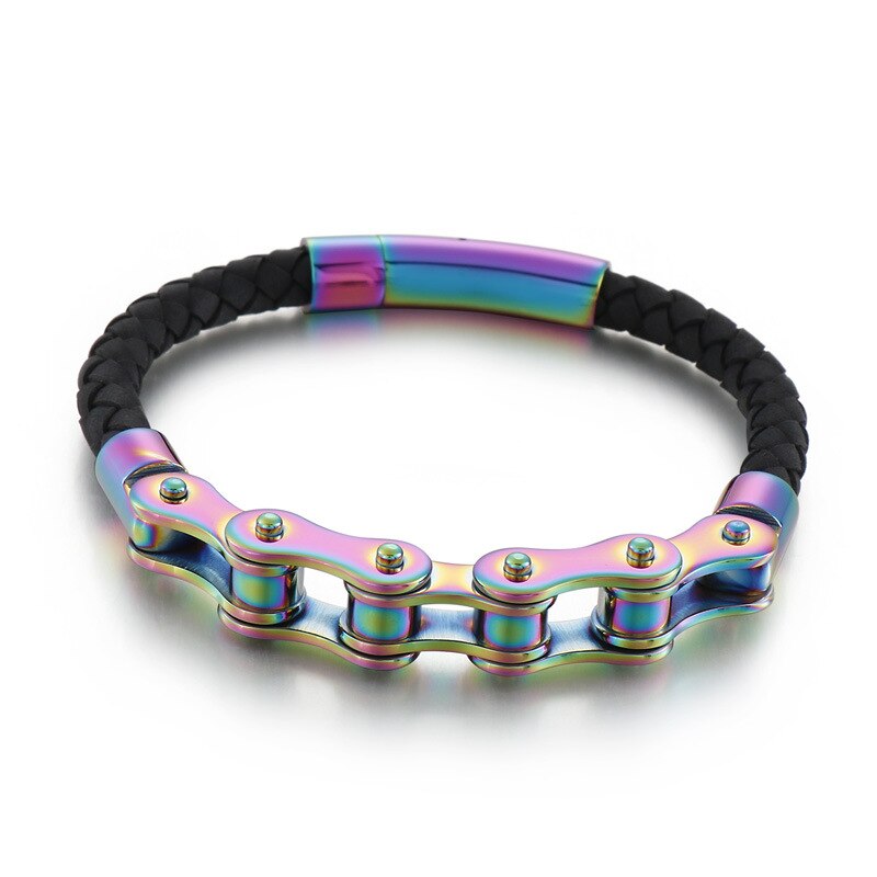 Trend Leather Braided Stainless Steel Bike Chain Bracelet Motorcycle Chain Wristband Men Bicycle Bangle JewelryWholesale: Colourful
