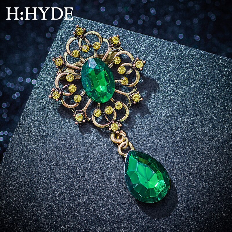 H: Hyde Vintage Broches Pin Met Grote Cz Stone Hanger Waterdrop Strass Unieke Rode Sieraden Groene Sieraden 4 Kleuren