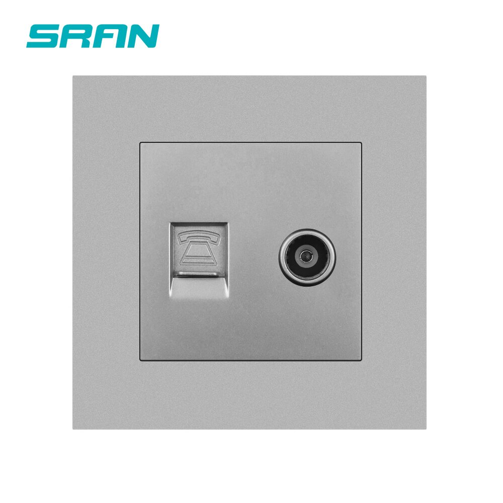 SRAN-enchufe de pared para TV y teléfono, panel de PC ignífugo, 86mm x 86mm, Blanco/Negro/dorado, Rj11 y toma de interfaz de televisión: Gray TV TEL