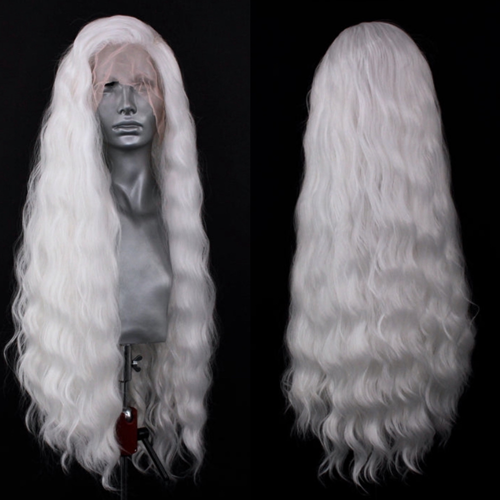 Peluca ondulada rubia platino, pelucas frontales de encaje sintético para mujer, pelo largo de encaje ondulado Natural, peluca blanca, negra y rosa, Cosplay de rizo suelto: Blanco / 22 pulgadas