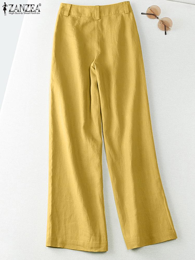 ZANZEA 2025 Primavera Verano mujer pantalones algodón Lino pantalones largos pierna ancha liso vacaciones pantalones casuales ropa de calle pantalones