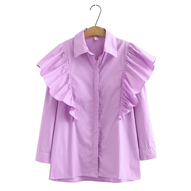 Hsa kvinner sommer poplin bluser langermet turn-dowm krage skjorte topper ensfarget knapp elegant volang bluse