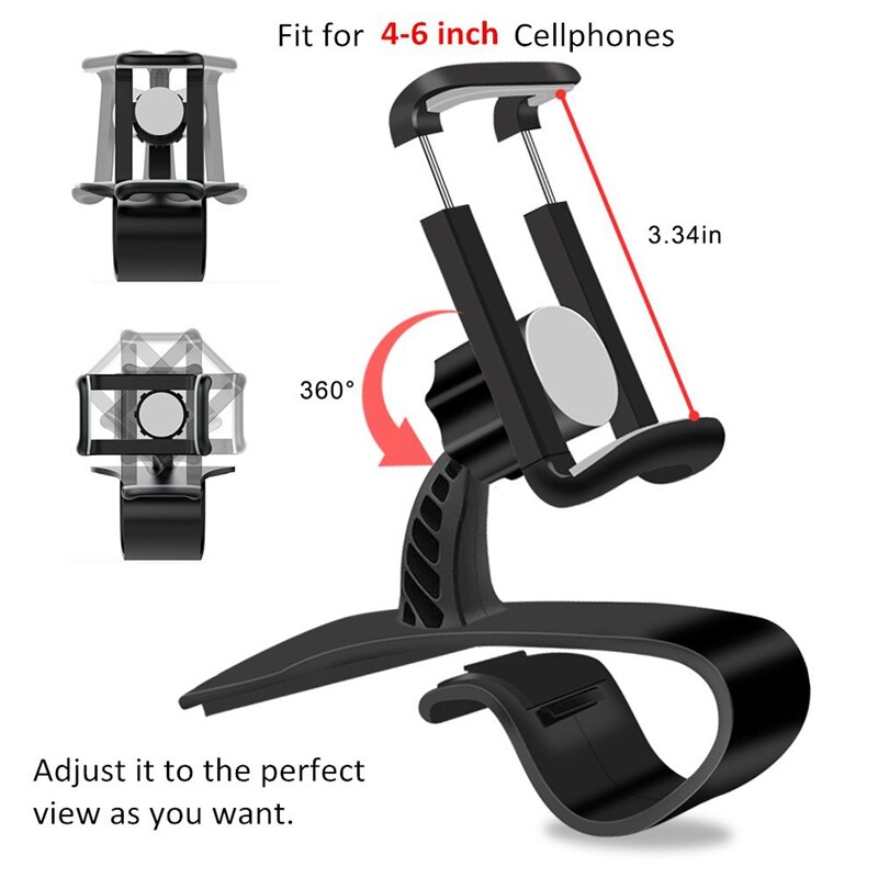 Soporte de teléfono para automóvil soporte de teléfono celular de rotación de 360 grados adecuado para teléfonos inteligentes de 4 a 6,5 pulgadas, soporte de montaje de tablero Hud para automóvil de 360 °