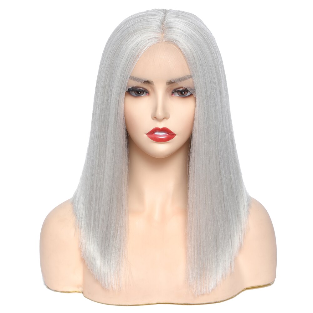 SOKU Synthetic Wigs Short Bob Light Grey Straight Hair For Women 14 Inches Ombre Gray Lace Wig Heat Resistant Middle Part Wigs: LIGHT GREY