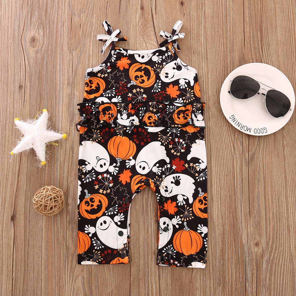 Fokusnorm halloween låve baby jenter takrenne rompers gresskar skrive ut ermeløse kausal jumpsuits 0-24m 4 stil