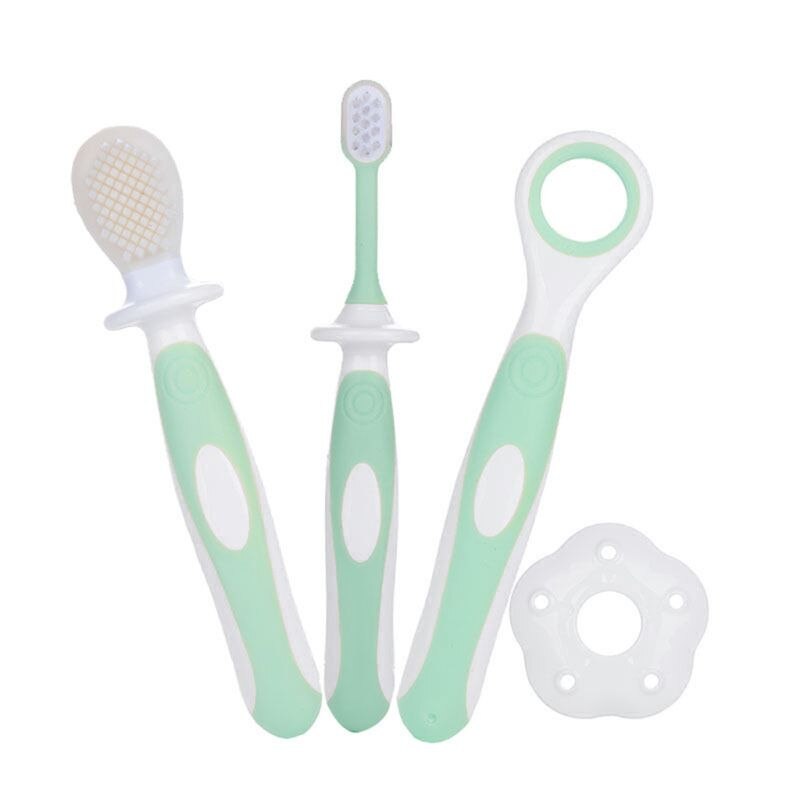 Baby toothbrushes Set Tongue Training Safety Cover Soft Healthy Infant Brushing Teeth: Green