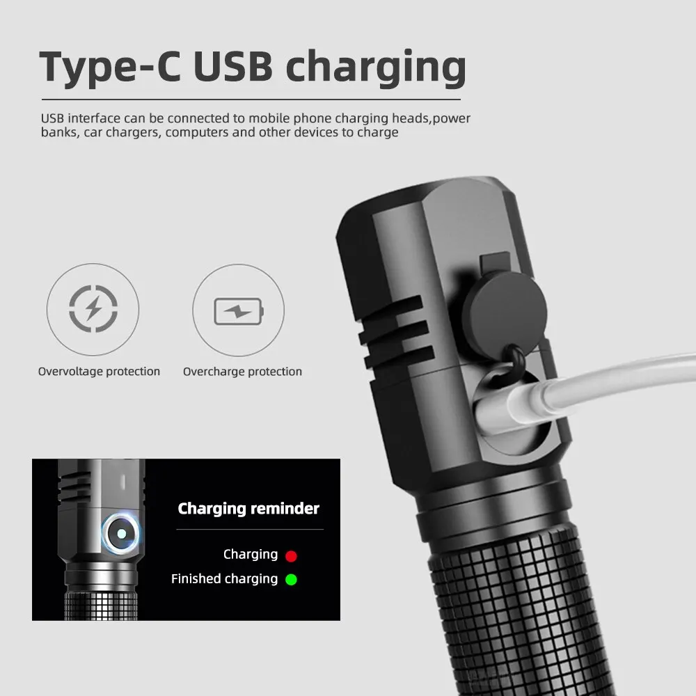 mini-lommelykt xhp 50 ledet usb c oppladbar 16340 18650 batterilommelykt 1500lm kraftig lommelykt kan lukkes med ett klikk