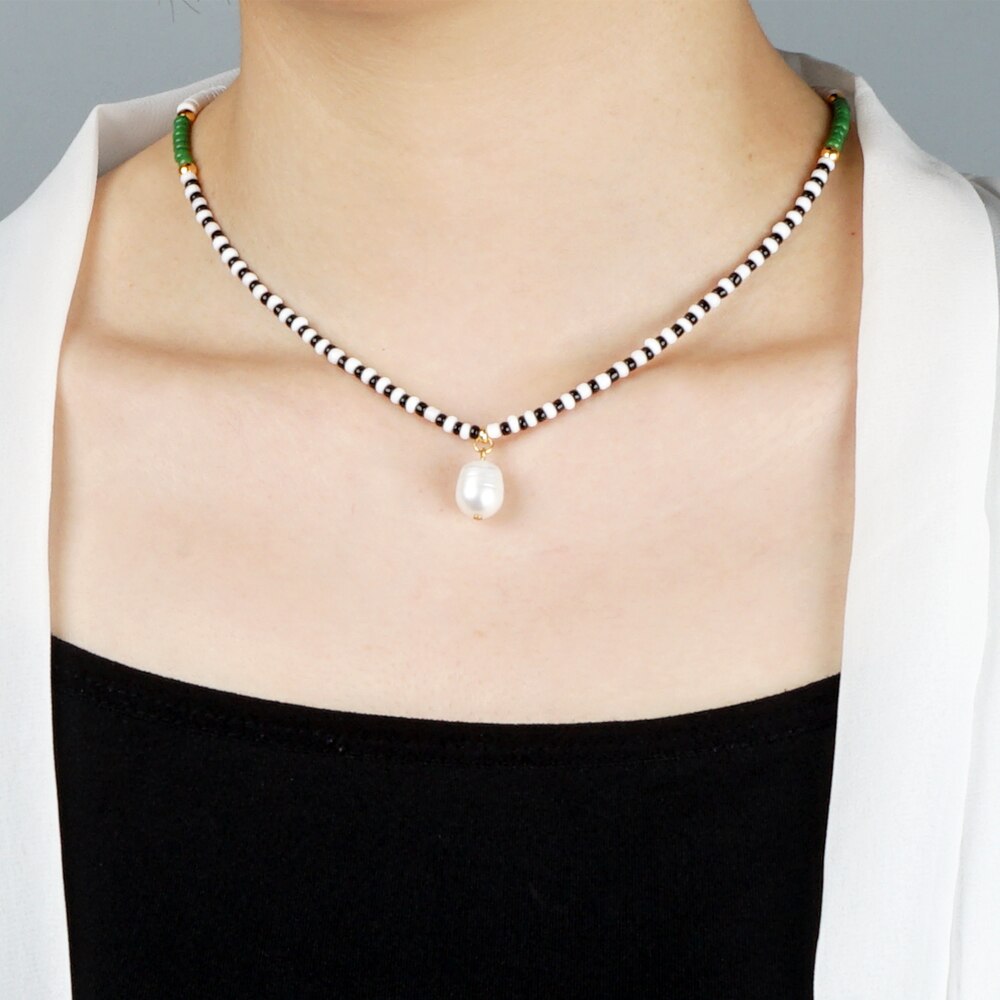 Go2 boho zoetwaterparel kettingen voor dames, colliers, sieraden, heishi kralen, choker, zwart-witte kettingen, collier femme boho