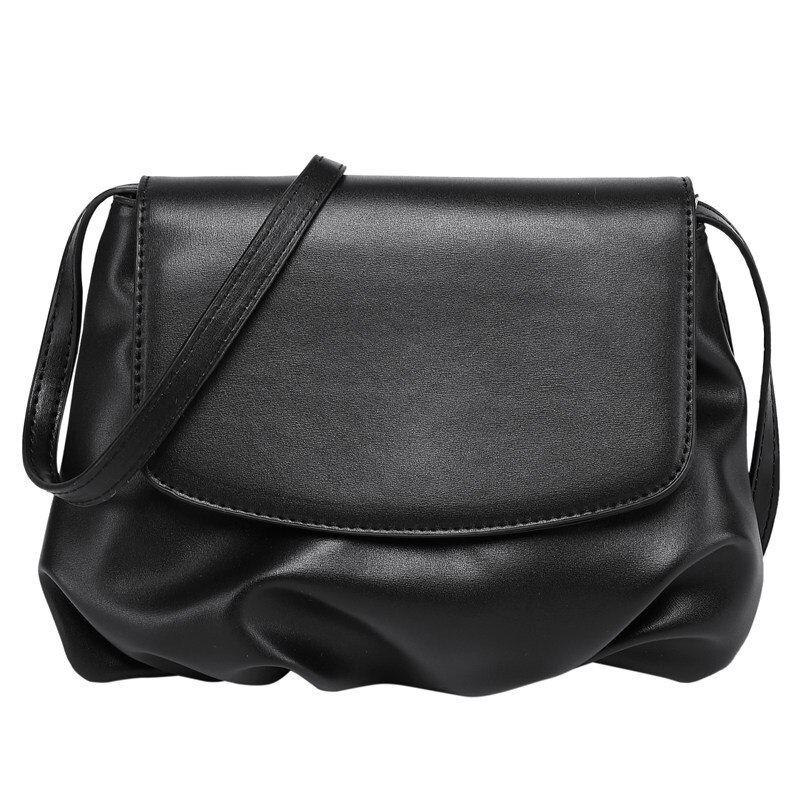 [EAM] Women Vintage Wrinkled Brief PU Leather Flap Personality All-match Crossbody Shoulder Bag Tide 18A0339: Black