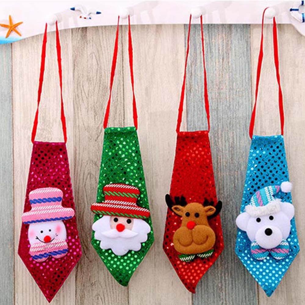 LED Lights Christmas Tie Glow Sequins Santa Claus Bear Snowman Elk Necktie For Children Cartoon Tie Decoration Year