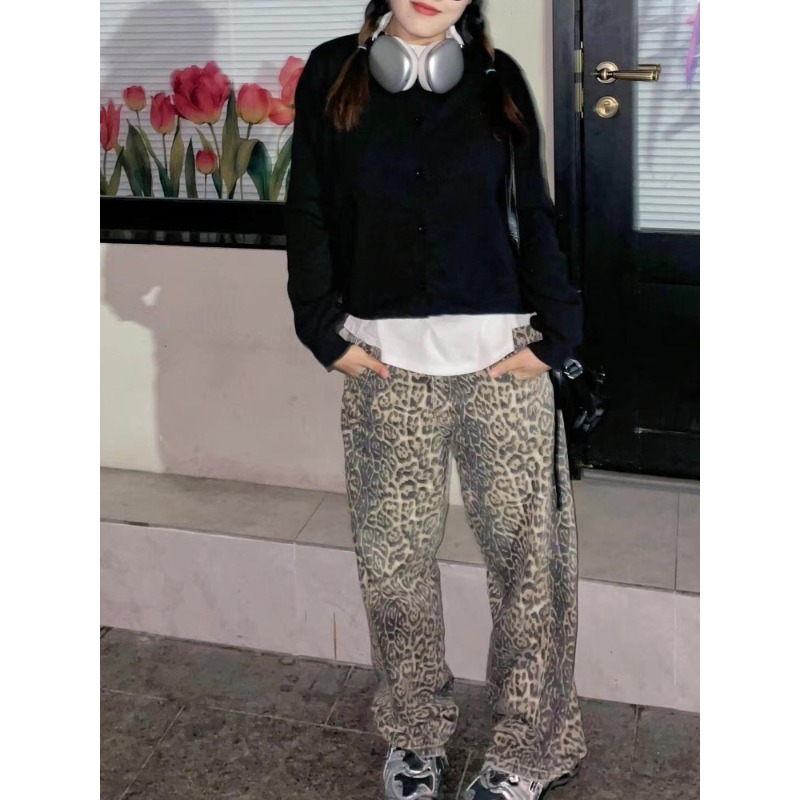 Kvinna vintage överdimensionerade vida jeans flickor hög midja punkkläder byxor dam leopardmönster harajuku baggy byxor: M / Ljusbrun