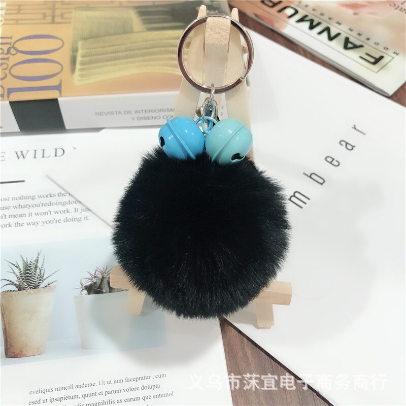 -love 8cm faux rex kanin pom-pom nøglering tiy kontrast farve klokke par taske tilbehør sydkorea små smykker tilbehør: Sort