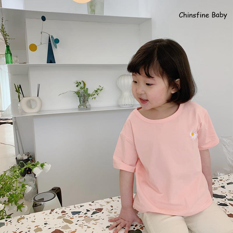 2020 nuovi Bambini di proprietà Versione Coreana Piccola Margherita Ricamato T-camicia di base Corsa E jogging Capacità per I Ragazzi E Le Ragazze: rosa / 3T