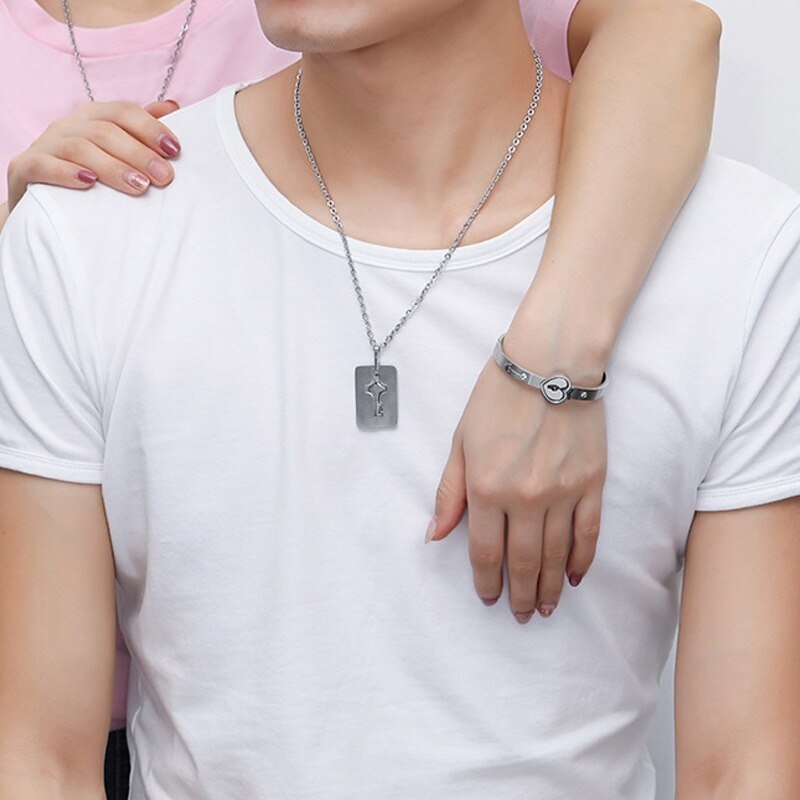 Conjunto de joyería de 2 piezas para parejas, brazalete con cerradura de corazón de amor, collar de llave para pareja, de San Valentín