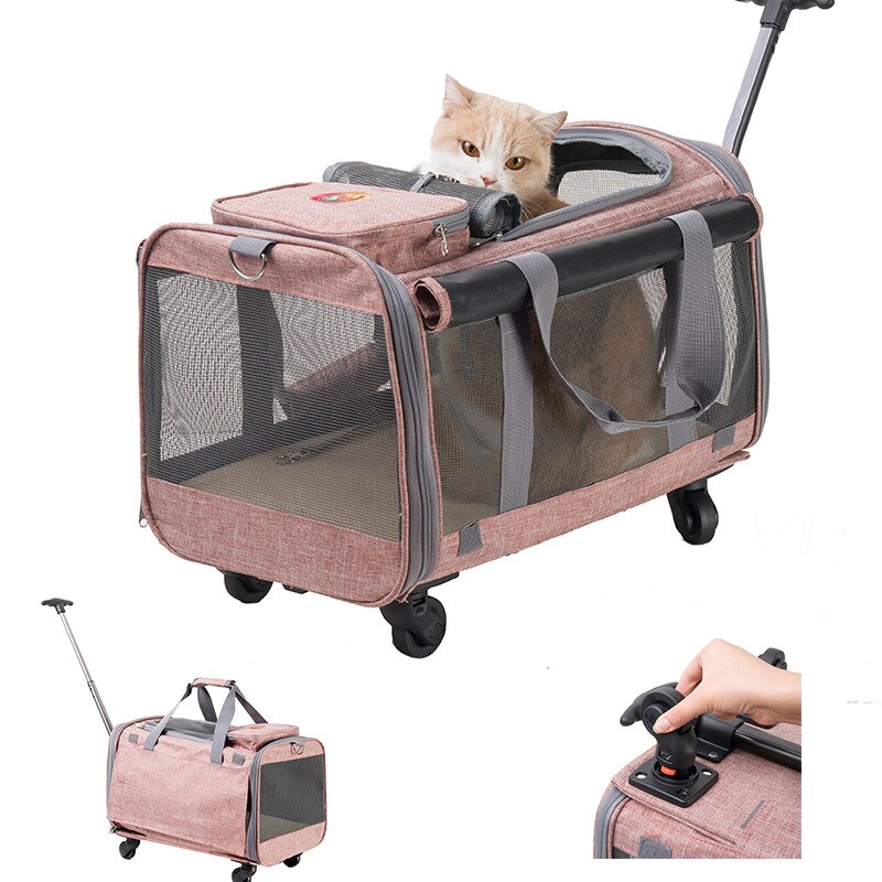 Portátil caso do trole do gato do animal de estimação roda universal destacável respirável dobrável grande capacidade saco de viagem do filhote de cachorro sacos de malha