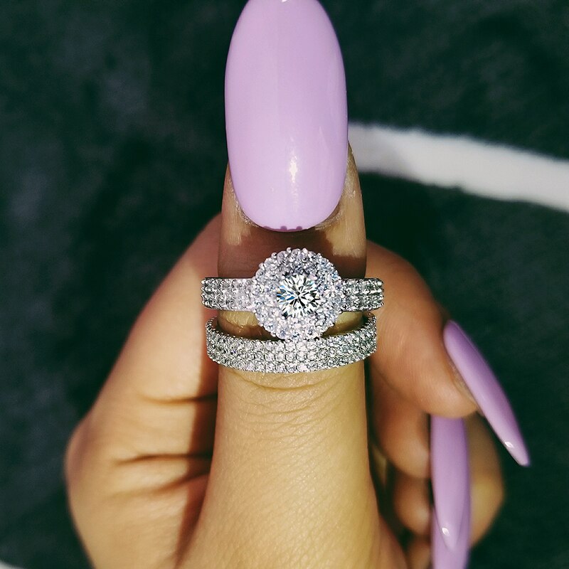 Bagues de mariage en argent sterling 925, ensemble 3 en 1, bague de fiançailles, bijoux de mariée à la Moonso R4629
