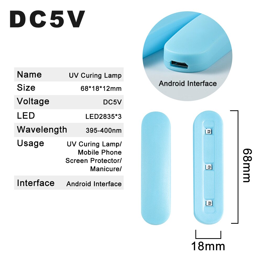 Luz de curado de Gel UV, lámpara de curado ultravioleta, interfaz USB A Android, adaptador para manicura, DC5V