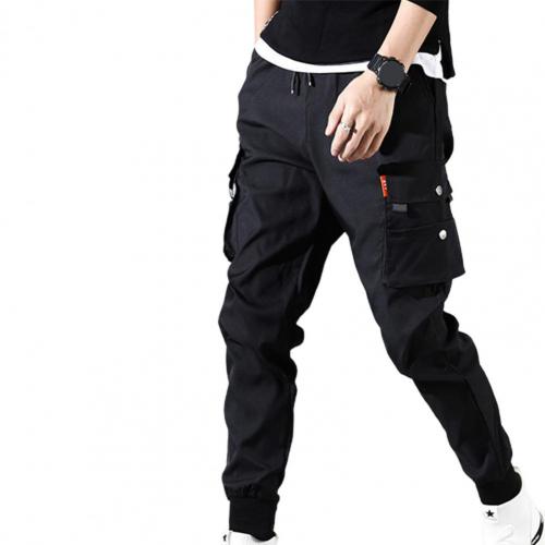 Men Drawstring Strap Elastic Waist Pants Solid Color Thin Male Men Beam Feet Cargo Pants for Daily Life: M / Black