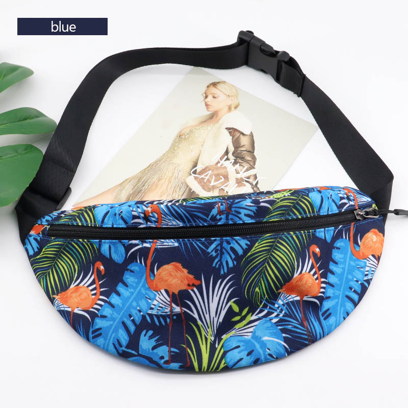 AIREEBAY Printed Leaf Women Waist bags Large Capacity Canvas Fanny Pack with Zipper Female Casual Travel Banana bags: 4225blue