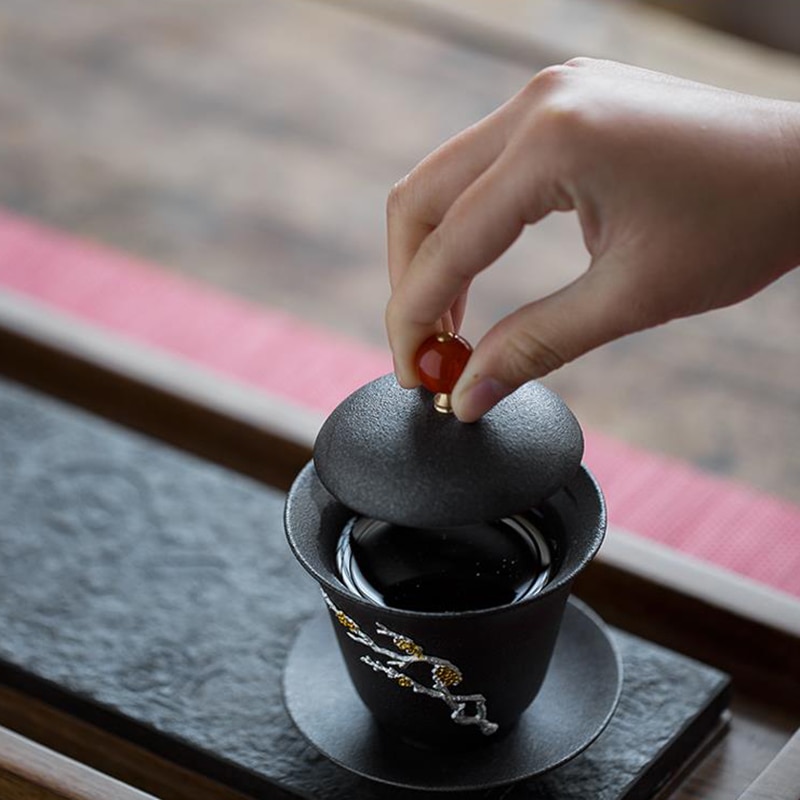 130ml japansk stil vintage gaiwan keramik svart grov keramik silverinläggning teskål med lock fat kit hem dryck