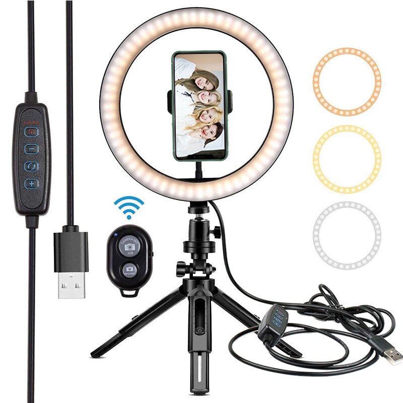 10 Inch Mini Ring LED Fill Light 3 Light Modes 360° Rotation Angle Studio Video Dimmable Make Up Lamp With Tripod Stand Selfie: 02 Hose clamp phone