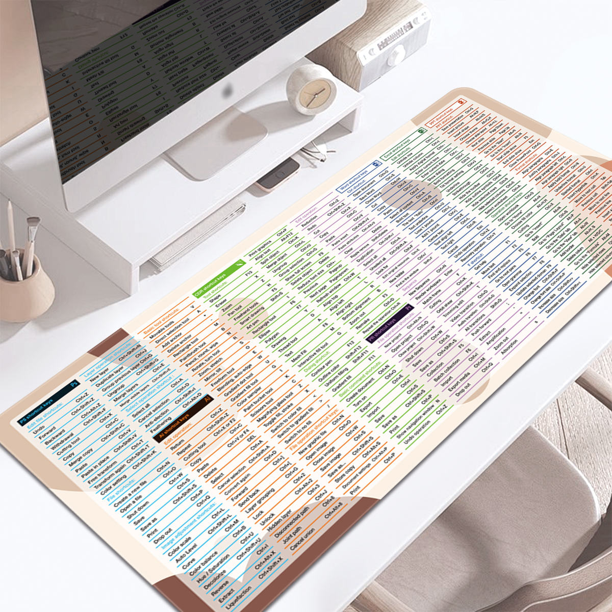 1pc Excel Shortcuts Pattern Mouse Pad Multi-size Washable Non-Slip Stitched Edge Computer Keyboard Desk Mat For Office Home: 60x30 cm / BROWN