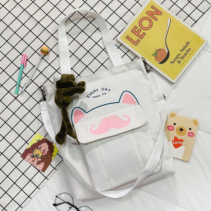 Grote Capaciteit Canvas Tas Schooltas Wilde Vrouwen Crossbody Tassen Cartoons Vrouwen Handtassen Schoudertassen Snor Tote Boodschappentas: White with Frog