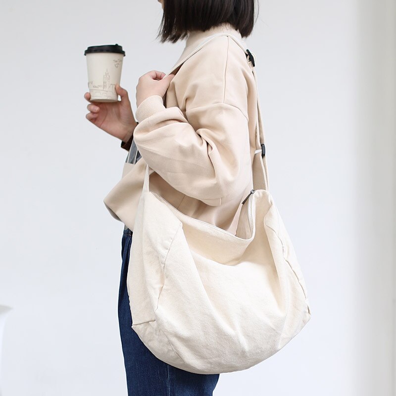 Canvas axelväska för kvinnor avslappnad bomullstyg crossbody väskor blixtlås shopping tote student stor kapacitet enkel bok handväska