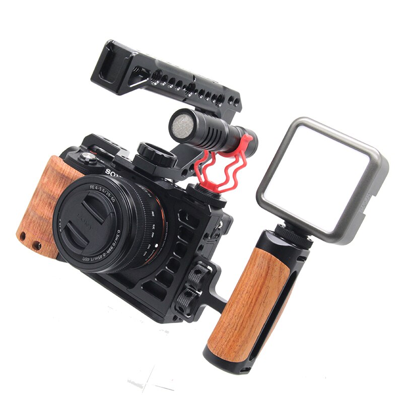 Camera Kooi Houten Handvat Bescherming Frame Voor Sony A7C Camera Behuizing Kooi Met Koud Schoen Voor Mic Statief Led Video licht